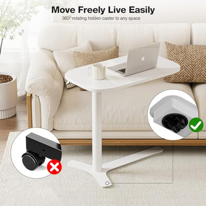 Muvai Overbed Bedside Table with Hidden Casters,30 Inches Adjustable Height Pneumatic Mobile Laptop Standing Desk, Rolling Computer Table for Home & Hospital Use ，White 30" W x 17.7" D - color: White