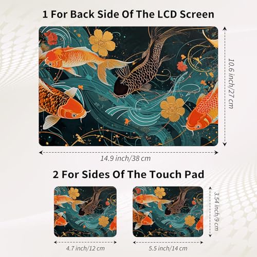 15.6 Inch Laptop Skin Sticker, Reusable Vinyl Cover Protector with 2 Wrist Pad Skins, Removable Waterproof Scratch-Resistant for 12-15.6 Inch Laptop Notebook,Gold and Black Fish - color: Gold And Black Fish