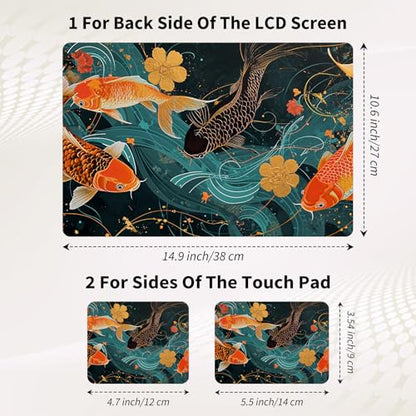 15.6 Inch Laptop Skin Sticker, Reusable Vinyl Cover Protector with 2 Wrist Pad Skins, Removable Waterproof Scratch-Resistant for 12-15.6 Inch Laptop Notebook,Gold and Black Fish - color: Gold And Black Fish