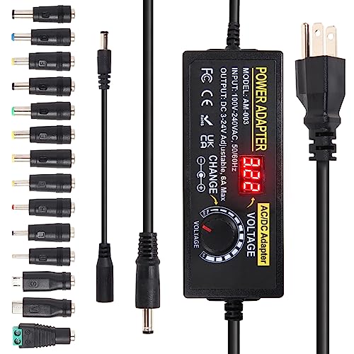 3~24V 6A Adjustable Universal Power Supply Adapter 144W AOYADAISU DC Power Supply with Polarity Converter&14 Tips, 3V 5V 6V 9V 12V 15V 18V 19V 20V 24V 100V-240V AC to DC Converter for LED Strip Light - style: 3-24V 6A 144W