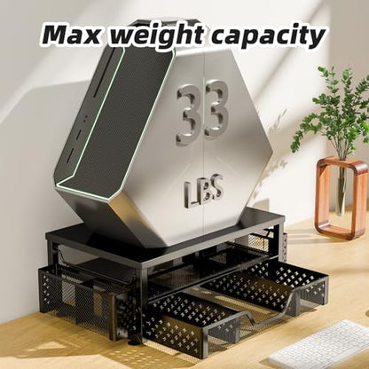 Simple Trending 2-Tier Monitor Stand Riser, Desk Organizer, Drawer, Black | Laptop & Printer Stand, Desktop Organizer, Drawer & 2 Pen Holders, Sturdy Material, for Home Office, 16"W x 10"D x 5.8"H - size: 16"W x 10"D x 5.8"H
