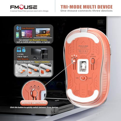 FMOUSE Transparent Wireless Mouse, Tri-Mode Bluetooth 5.1 & 2.4GHz, USB-A & USB-C Receiver, Silent Rechargeable RGB, 3 Devices for MacBook Laptop iPad PC, Creative Energetic — Orange - color: Orange