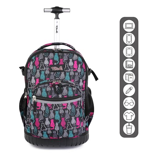 Tilami Rolling Backpack, 18 inch Shoulder Drop, Concealed Pockets and Wheel Cover, Laptop Backpack for Boys and Girls, Cat Black - color: Cat Black