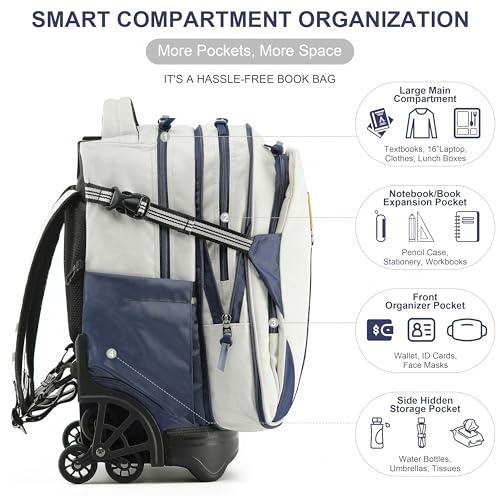 NEW TILAMI 18 Inch Expandable Rolling Backpack Stair-Climbing for School | 6-Wheel Stair-Climbing Girls Boys Carry-on Suitcase 15.6 Laptop Sleeve Water-Resistant Adjustable Handle Wheel Travel Camping - color: White
