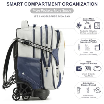 NEW TILAMI 18 Inch Expandable Rolling Backpack Stair-Climbing for School | 6-Wheel Stair-Climbing Girls Boys Carry-on Suitcase 15.6 Laptop Sleeve Water-Resistant Adjustable Handle Wheel Travel Camping - color: White