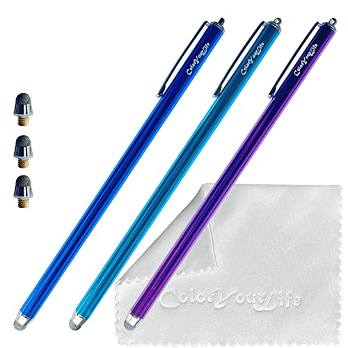 3-Pack 7.3’’ Fine Micro-Knit Mesh Tip Capacitive Stylus Pens for Touch Screens with Replaceable Mesh Tips, Extra Long Universal Stylus Pens and Cleaning Cloth (Purple, Blue, Sky Blue) - color: Purple, Blue, Sky Blue