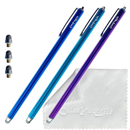 3-Pack 7.3’’ Fine Micro-Knit Mesh Tip Capacitive Stylus Pens for Touch Screens with Replaceable Mesh Tips, Extra Long Universal Stylus Pens and Cleaning Cloth (Purple, Blue, Sky Blue) - color: Purple, Blue, Sky Blue