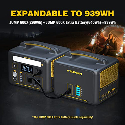 VTOMAN Jump 600X Portable Power Station with 110W Solar Panel, 600W/299Wh LiFePO4 Battery Solar Generator, 1200W AC Outlet, PD 60W USB-C, 3x Regulated 12V/10A DC for RV, Outdoor Camping, Home Backup - style: Jump 600X+110W