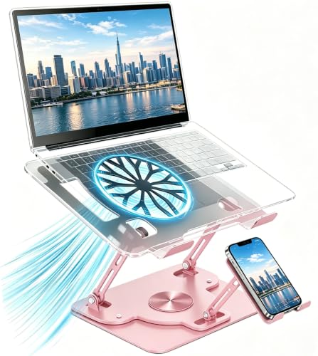 Laptop Stand for Desk with Quiet Cooling Fans - 360 Rotating Base Ergonomic Computer Stand, Aluminum Laptop Riser Foldable Protable for Office Home fits MacBook Air Pro, Dell, HP (10-17.3'') (pink) - color: pink