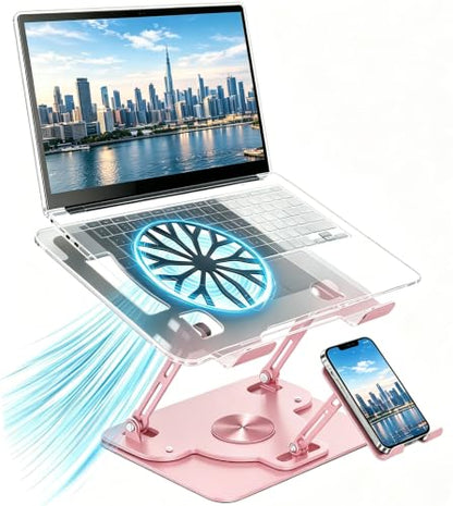 Laptop Stand for Desk with Quiet Cooling Fans - 360 Rotating Base Ergonomic Computer Stand, Aluminum Laptop Riser Foldable Protable for Office Home fits MacBook Air Pro, Dell, HP (10-17.3'') (pink) - color: pink