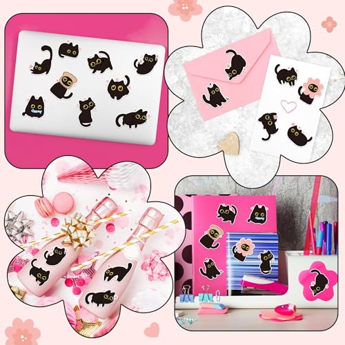 Black Cat Sticker Roll - 1000 Pcs Cute Black Cat Flower Waterproof Vinyl Reusable Laptop Stickers Coloring Book Scrapbook Water Bottle Page Activity Pad Birthday Party Favors Kids Skateboard - style: Cute Black Cat