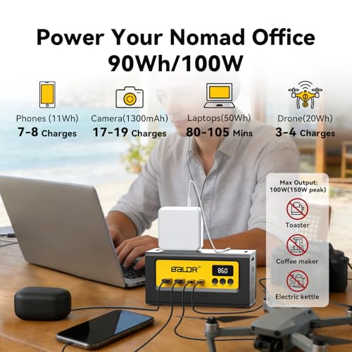 BALDR Portable Power Station 28000mAh, 90Wh LiFePO4 Battery Backup Camping Solar Generator Fast Charging with AC Outlet 150W Peak Power Bank for Home Backup Outdoor Emergency - size: 100W