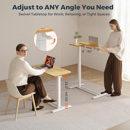 28''Pneumatic Overbed Tilting Bedside Table,Small Desk with Wheels | 27.6"x15.7" Maple Single-Side Flip Tabletop,Hospital Medical Bedside Table,Overbed Table with Wheels,Small Standing Desk - color: Maple, size: Small