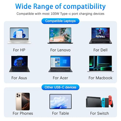 100W USB Type C Laptop Charger Universal Compatible with Lenovo, Acer, Dell, HP, Asus, Mac Book and More Devices, USB C Power Adapter
