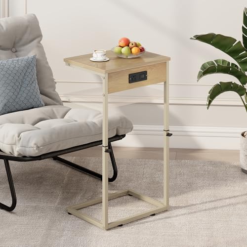 C Shaped End Table with Charging Station, Adjustable Height Side Table for Couch, Small Side Table, 33.2'' Tall Couch Tables that Slide Under, Tv Tray End Table for Living Room, Natural - color: Natural (1 Pack), style: With Plug