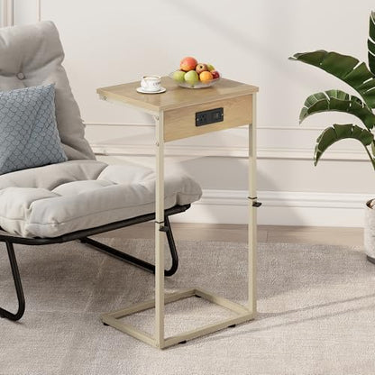 C Shaped End Table with Charging Station, Adjustable Height Side Table for Couch, Small Side Table, 33.2'' Tall Couch Tables that Slide Under, Tv Tray End Table for Living Room, Natural - color: Natural (1 Pack), style: With Plug