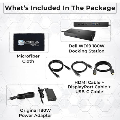 WD19 Dell Docking Station Dual Monitor - USB-C Dock with 180W Adapter, HDMI, DisplayPort, USB-C Cables - Dell Laptop Docking Station (Renewed)