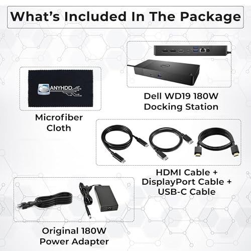WD19 Dell Docking Station Dual Monitor - USB-C Dock with 180W Adapter, HDMI, DisplayPort, USB-C Cables - Dell Laptop Docking Station (Renewed)