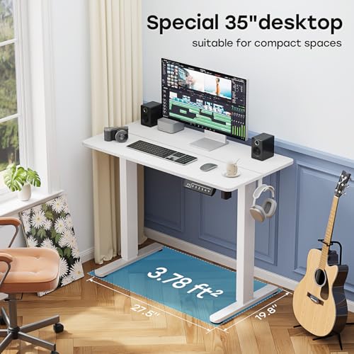 Small Electric Standing Desk, 35" ×20" White Standing Desk, Height Adjustable Compact Sit Stand Workstation with Splice Board, Home Office Desk with 2 Hooks - color: Pearl White, size: 35"