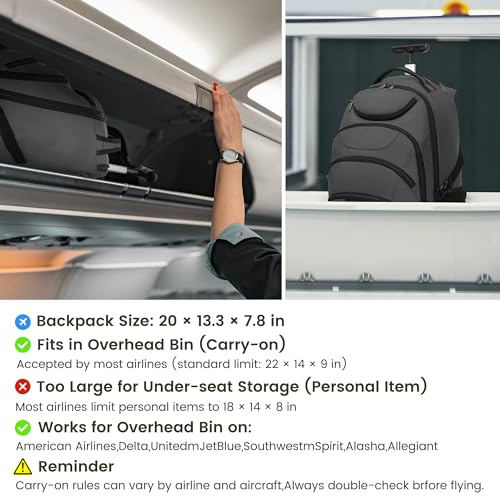 Boavan Rolling Backpack,17 inch Water Resistant Wheeled Backpack,Carry on Luggage Business Bag, Overnight College Computer bag Trolley Suitcase for Men Women Adults to Travel，Grey - color: Grey, size: 17.3 inches
