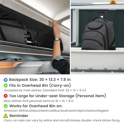 Boavan Rolling Backpack,17 inch Water Resistant Wheeled Backpack,Carry on Luggage Business Bag, Overnight College Computer bag Trolley Suitcase for Men Women Adults to Travel，Grey - color: Grey, size: 17.3 inches