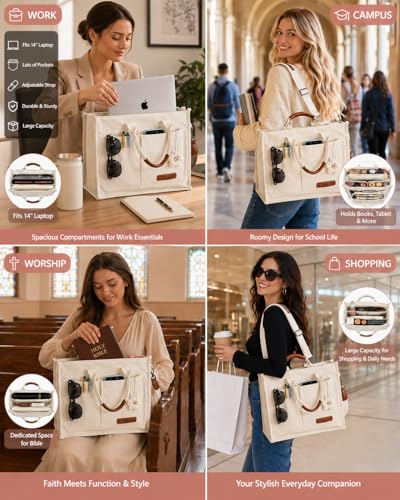 Canvas Tote Bag for Women Lightweight Handbag with Multi Pockets & Adjustable Strap Bible Bag for Daily Use Work - color: Beige