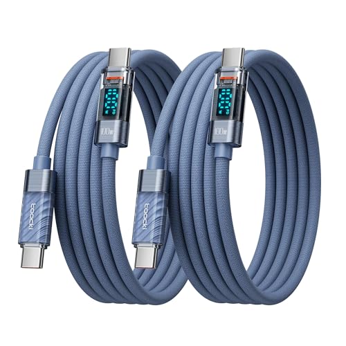 toocki USB C to USB C Cable with LED Display 100W 3.3ft, 2Pack | Fast Charging, Nylon Braided, Blue, Compatible with iPhone 17/16, MacBook Pro, Galaxy S25 - color: Blue, size: 3.3+3.3ft