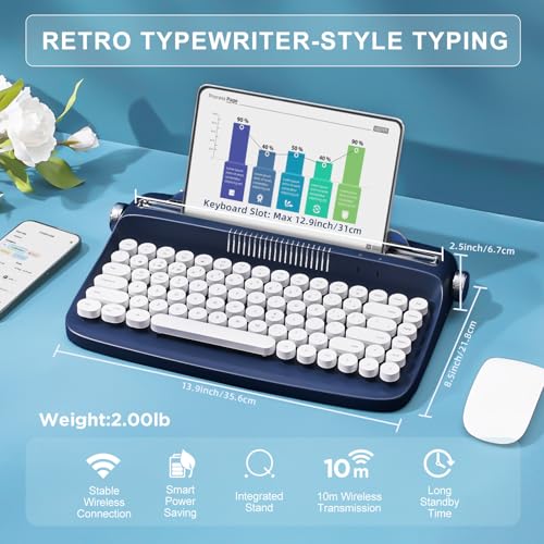 YUNZII ACTTO B303 Wireless Typewriter Keyboard, Bluetooth Connection, Cute Retro Aesthetic Design with Integrated Stand for Tablet, Phone, PC and Win/Mac/Android (B303, Midnight) - style: Midnight