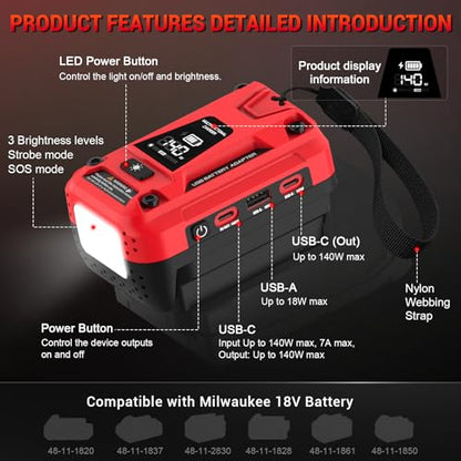 140W Battery Bidirectional Charger Compatible with Milwaukee 18V Battery | Dual USB-C 140W Output, Single USB-A 18W Output, Maximum Output of 280W, 700LM LED Work Light & LED Display (No Battery) - color: Red