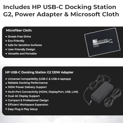 HP USB-C Docking Station G2 5TW13UT#ABA 120W for Laptop & Notebook, Dual Monitor Dock with HDMI & Dual DisplayPort Cable, USB-C to C Cable and Cloth (Renewed)