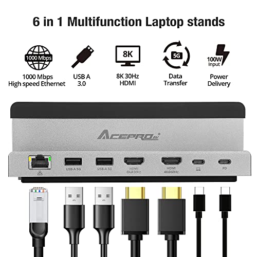 7 Port USB-C 14” Laptop Stand with Dual Display Docking Station | Tablet Holder Hub, Vertical Storage Desk Organizer/ HDMI 8K30Hz, USB-A 5Gbps, Ethernet 1Gbps, 100W Power Delivery, Space Gray