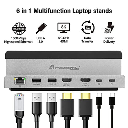 7 Port USB-C 14” Laptop Stand with Dual Display Docking Station | Tablet Holder Hub, Vertical Storage Desk Organizer/ HDMI 8K30Hz, USB-A 5Gbps, Ethernet 1Gbps, 100W Power Delivery, Space Gray
