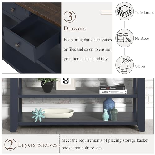 48’’ Modern Farmhouse Wood Entryway Console Table with Storage (Blue) | 3-Tier Sofa Table Behind Couch, 3 Drawers, 2 Open Shelves, Easy Assembly, for Living Room, Foyer, Hallway - color: Blue -1