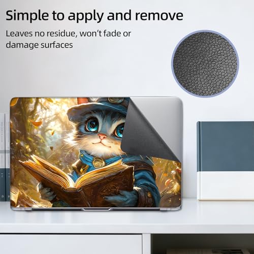 Aesthetic Laptop Skin Sticker, Little Mage Cat Reading in Woods Waterproof Vinyl Laptop Decal, Removable Bubble Free, Reusable Protective Cover for 13 14 15 15.6 Inch - color: Little Mage Cat Reading in Woods