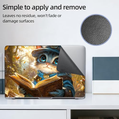 Aesthetic Laptop Skin Sticker, Little Mage Cat Reading in Woods Waterproof Vinyl Laptop Decal, Removable Bubble Free, Reusable Protective Cover for 13 14 15 15.6 Inch - color: Little Mage Cat Reading in Woods
