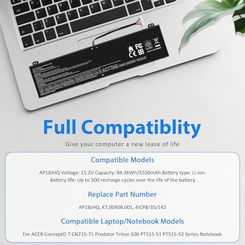 AP18JHQ Laptop Battery Replacement for Acer ConceptD 7 CN715-71 CN715-72G CN715-73G Pro CN715-71P CN715-72P Ezel CC715-71 Pro CC715-71 CC715-71P CC715-72P Predator Triton 500 PT515-51 PT515-52 - size: AP18JHQ 14.76 × 5.12 × 0.98 in
