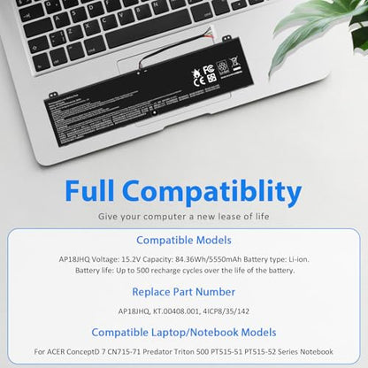 AP18JHQ Laptop Battery Replacement for Acer ConceptD 7 CN715-71 CN715-72G CN715-73G Pro CN715-71P CN715-72P Ezel CC715-71 Pro CC715-71 CC715-71P CC715-72P Predator Triton 500 PT515-51 PT515-52 - size: AP18JHQ 14.76 × 5.12 × 0.98 in