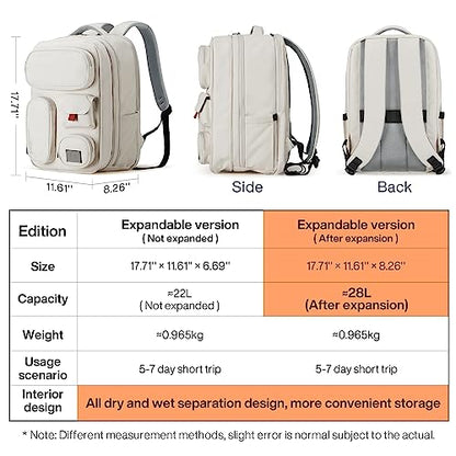 mixi Large Capacity Expandable Travel Backpack for Women & Men 15.6'' Laptop Carry On Weekender Bag Outdoor Hiking with Multifunction Pockets 180° Open Water Resistant 18 Inch 28L, Moonlight White - color: Expandable Moonlight White