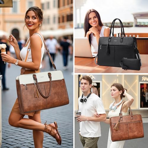 Laptop Bag for Women,Water-Resistant Work Bag Laptop Tote Bag,Briefcase with Satchel Purse - color: Beige With Brown