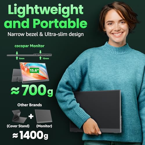 cocopar Portable Monitor IPS Travel Monitor with USB-C HDMI Portable Screen for Laptop MacBook Surface PC PS4/5 External Display with Kickstand, VESA Mountable, 15.6 Inch - size: 15.6 Inch