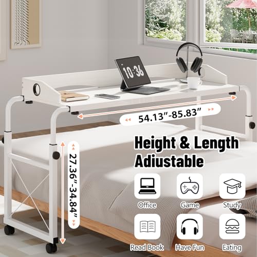Overbed Table with Wheels, Adjustable Queen Size Bed Desk, White | Fits Twin To King Beds, Adjustable Height & Length Rolling Over Bed Table For Hospital and Home, with 4 Locking Casters - color: White