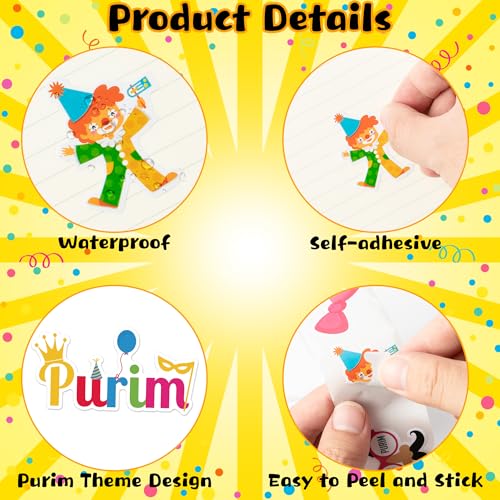 CNhoqc Happy Purim Sticker Roll - 1000 Pcs Cartoon Chag Purim Sameach Hamantaschen Gragger Waterproof Vinyl Reusable Laptop Stickers Coloring Book Scrapbook Water Bottle Page Activity Pad Party Favors - style: Cartoon Happy Purim