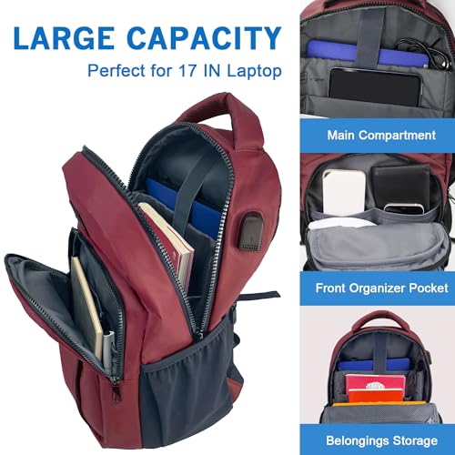 WOLT Laptop Backpack for Men Women for 15.6 Inch and 17 Inch Notebook, Travel Backpack Carry On Flight Approved with Computer Compartment, College Bookbag with USB Charging Port (Red) - color: Red