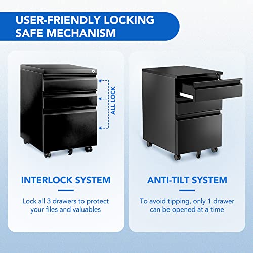 FLEXISPOT 3-Drawer Metal Mobile Filing Cabinet for Home Office - Under Desk Storage with Lock Keys - Legal/Letter/A4 File Organizer - Fully Assembled Except Wheels - Black - color: Black, style: Right Angle