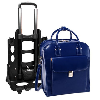McKlein LA GRANGE, Top Grain Cowhide Leather, 15" Leather Detachable -Wheeled Ladies' Laptop/Computer & Tablet Business Briefcase Bag/Women's Rolling Overnight Travel Bag, Removable trolley case - color: Navy, size: 14.4"x8.75"x18.5"