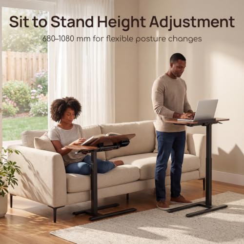 Overbed Table with Wheels, Height Adjustable Hospital Bed Table, Dual-Tiltable Rolling Laptop Desk for Bed, Hidden Casters H-Base Portable Side Table for Couch, Hospital & Home Office - color: Brown
