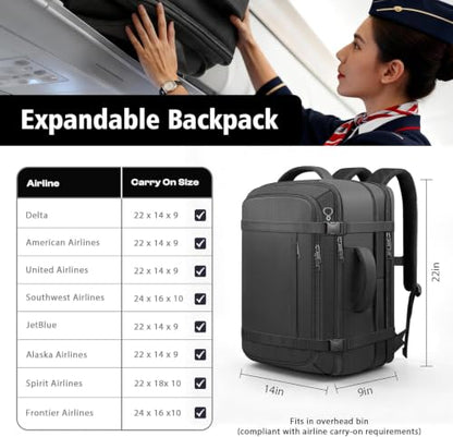 Roomy Carry On Backpack, Expandable Large Capacity Travel Backpack 1-7 Days | LifetimeWarranty,Fits18.4" Laptop,Water Resistant Anti Theft Carry on Laptop Backpack for Men Women,Flight Travel,Black - color: Black, size: Max (55L-65L)
