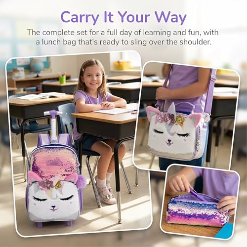 Kids Rolling Backpack for Girls, Champagne Sequins, 3PCS Set | Squinty Eyes, Trolley Suitcases Luggage Travel with Wheels,Bookbag Wheeled Toddler Back Pack Backpacks School Bags Elementary - color: Champagne-0121-miyan
