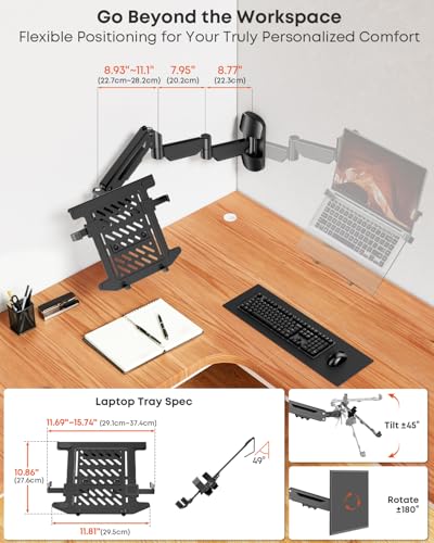 PUTORSEN Extra Long 2-in-1 Laptop Wall Mount with Detachable Tray - 30.28'' Long Gas Spring Adjustable Arm for 12''-17'' Laptops & 13''-32'' Monitors, Hold up to 19.8lbs, Black
