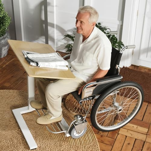 ETHU Compact Overbed Table with Tilting Tabletop, 20-29.7 Inch Adjustable Height Mobile Table for Hospital and Home, Adjustable Bedside Table with Safety Edge for Wheelchair, Sofa and Treadmill, Oak - color: Oak